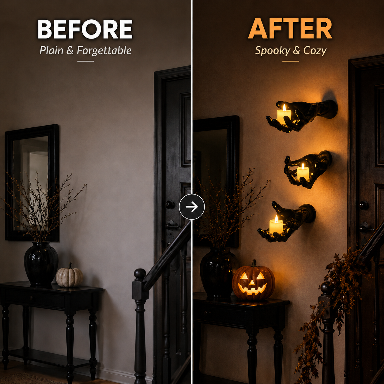 Before and after comparison of a plain entryway transformed with gothic Halloween wall hands